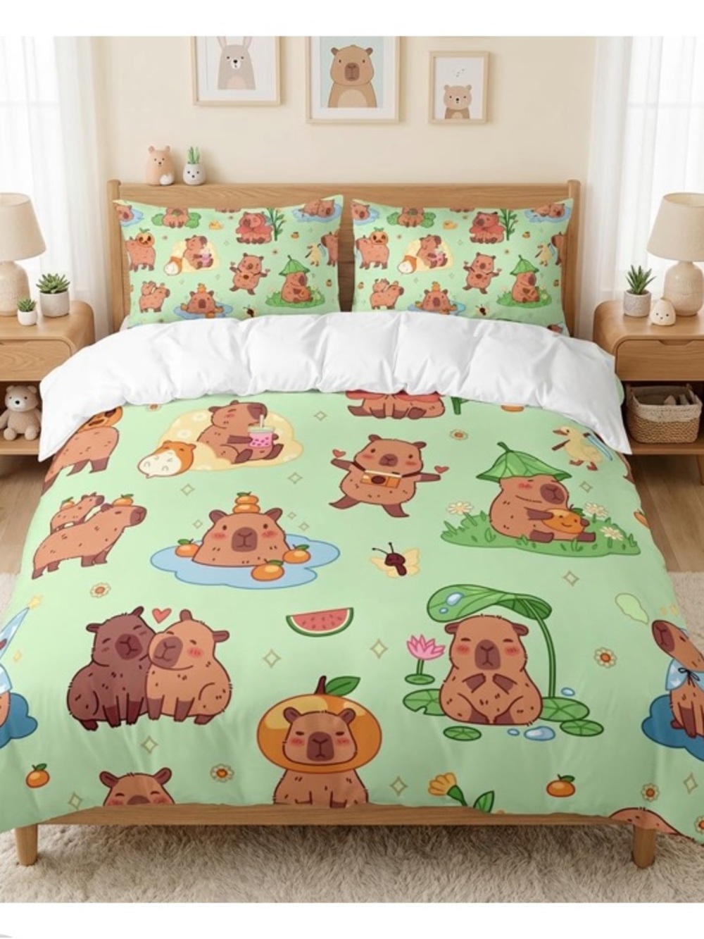 Capybara Duvet Cover 3 Pc Set w Ties Soft Breathable Microfiber-Green FULL SIZE